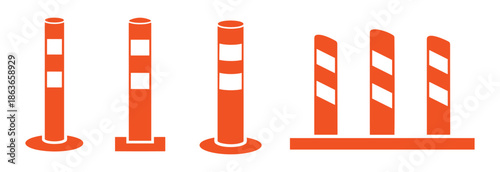 Road safety bollards and delineators in orange color vector set for traffic control and road management.