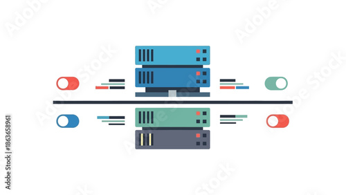Flat design illustration of IT infrastructure, featuring servers and data flow, demonstrating advanced technology for efficient network operations and digital management