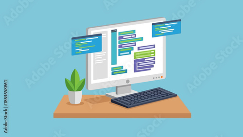 Modern IT technology setup featuring a computer with coding on screen, keyboard, and a potted plant on a desk, symbolizing software development and digital progress
