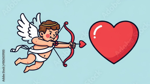 Cartoon cherub with bow and arrow aiming at large red heart on light blue background, symbolizing love and romance in a playful, whimsical illustration style