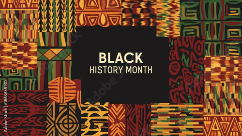Vibrant african tribal patterns background with black history month text in white on black square with African patterns and tribal design and cultural celebration