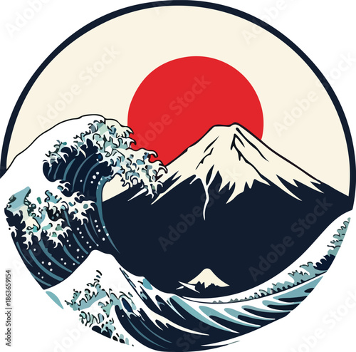 The Great Wave off Kanagawa with Mount Fuji and Red Sun, classic Japanese Ukiyo-e style
