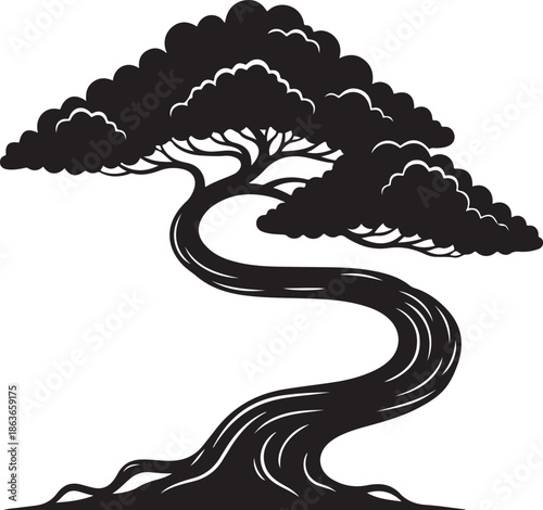 Curved trunk bonsai tree silhouette, Zen garden aesthetic plant illustration on white