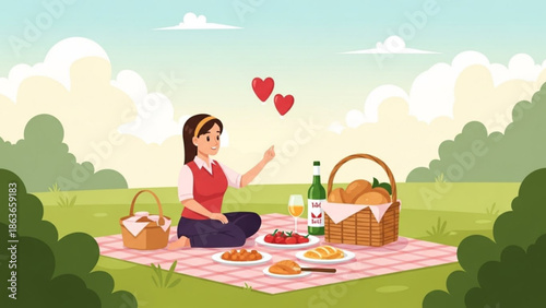 A romantic young woman enjoying a picnic in a park with a bottle of wine and a basket of food on a pink checkered blanket under a sunny sky with floating hearts