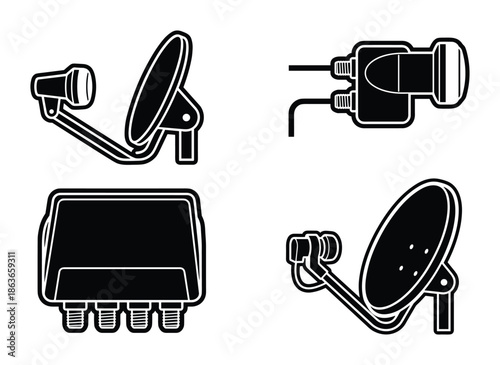 Satellite dish receiver components. Vector illustration showing LNB and other TV equipment.