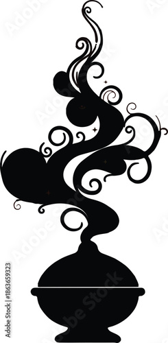 Elegant Incense Burner Silhouette with Swirling Smoke Patterns for Meditation, Wellness, and Spiritual Concepts