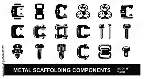 Scaffolding components icon set. Metal fasteners, hardware, bolts, nuts, and connectors. Black and white vector illustration.