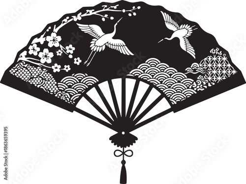 Intricate Decorative Japanese Fan Illustration Featuring Cranes, Waves, and Traditional Patterns