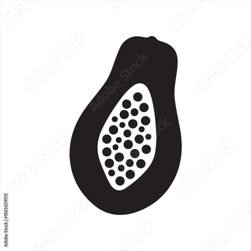 Black silhouette of papaya fruit on white background Papaya fruit vector illustration in black silhouette. Tropical fruit half with seeds on white background, healthy food icon.