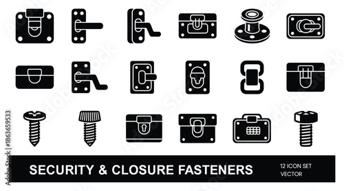 Security closure fasteners icon set. Including bolts, screws, latches, and handles vector silhouettes for various projects.