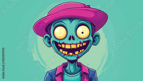 Cartoon Zombie Character with Pink Hat and Wide Grin.