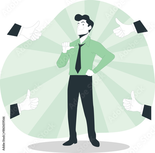 A man in a green shirt and black tie giving a thumbs up surrounded by other hands giving thumbs up