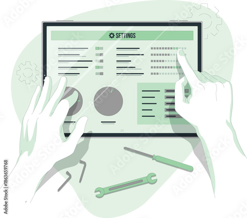 Hands adjusting audio equipment on a digital workstation screen with editing tools nearby