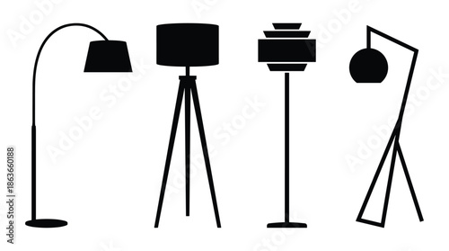 Set of black silhouettes floor lamps. Contemporary interior elements vector illustration. Home decor design.