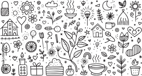 Whimsical doodle pattern with houses plants and objects