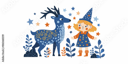 A whimsical illustration of a young witch and a decorated deer in a forest