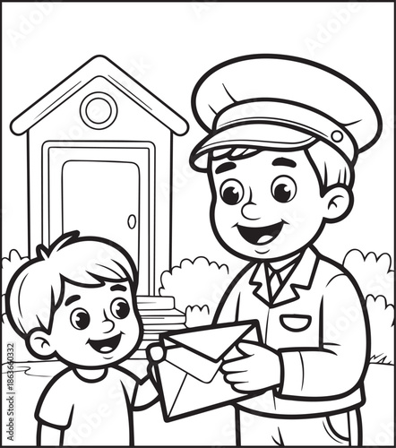 Postman working for delivery letter black line art illustration vector elements for kids coloring page concept