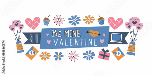 A cute valentine s day banner with hearts sweets and a be mine message