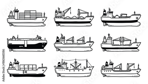 Set of cargo ships icons in black and white. Various types of ships are vector line art illustrations.