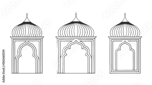 Ornate Arches of Culture: A trio of elegantly detailed arches, each adorned with a distinct dome, stand as timeless symbols of cultural heritage and architectural artistry.