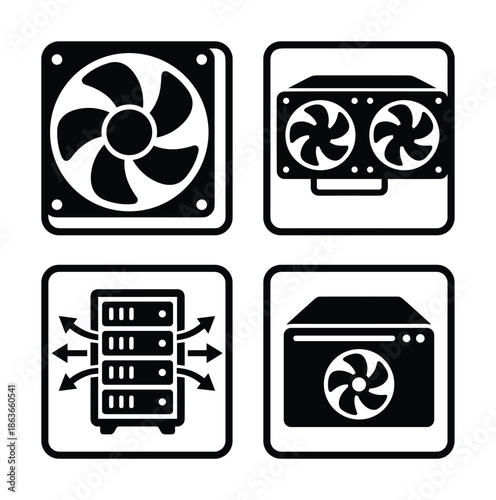 Set of computer hardware icons including cooling fans, video card cooler, and server. Perfect for technology concepts.