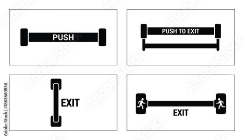 Set of exit push bars, door handles and push plates. Black exit door sign vector illustration.