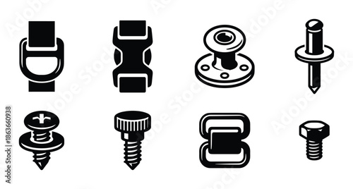 Set of fasteners vector illustration includes buckle, rivet, bolt, and screw icons in black and white.