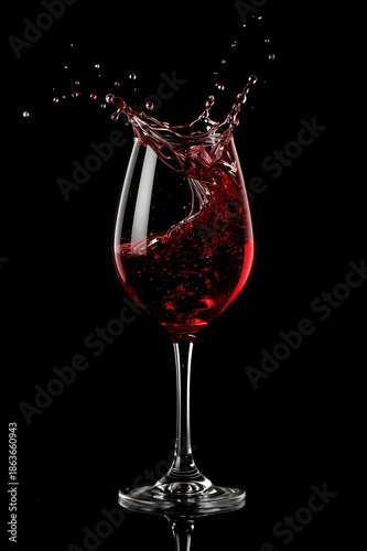 Red Wine Splash in Elegant Glass on Black Background. 