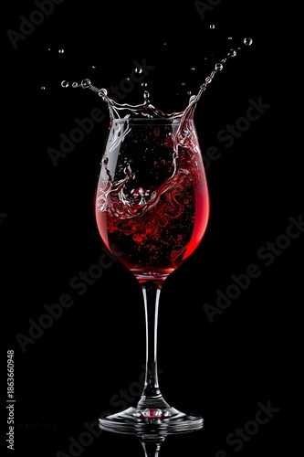 Red Wine Splash in Elegant Glass on Black Background. 