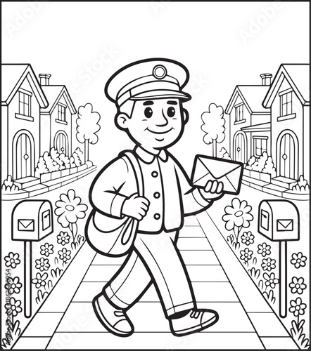 Postman working for delivery letter black line art illustration vector elements for kids coloring page concept