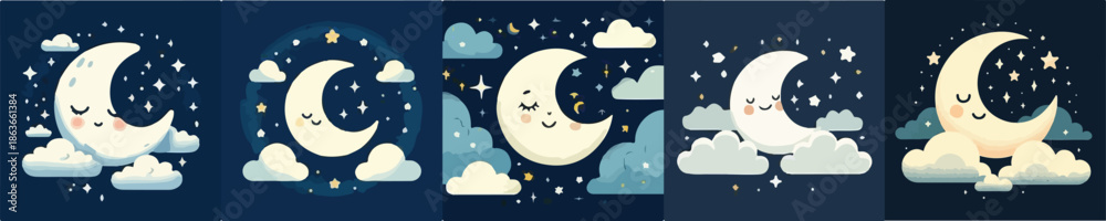 Naklejka premium Night Sky Crescent Moon with Clouds and Stars Vector