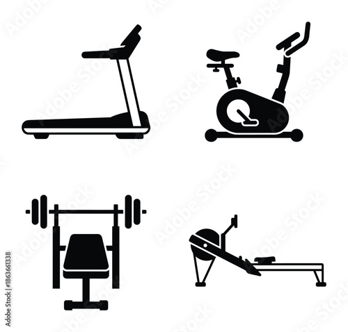 Set of gym equipment silhouettes. Includes treadmill, exercise bike, weight bench, and rowing machine.