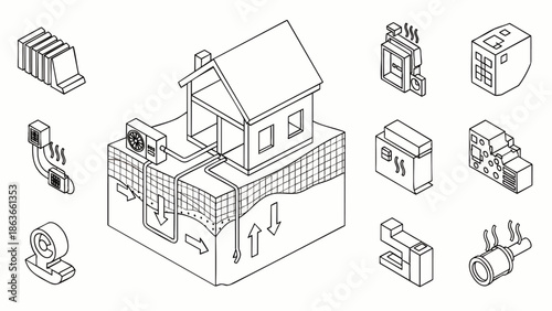 Isometric Line Art Illustration of Geothermal Heating and Cooling System for Sustainable Home Energy and HVAC Technology.