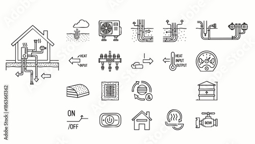Line icons for modern HVAC, smart home, and sustainable energy systems. Geothermal, heating, cooling, ventilation, and climate control for efficient buildings.