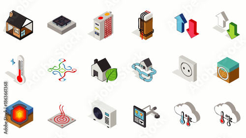 Isometric smart home technology icons set. Energy efficiency, automation, heating, cooling, and environmental control system elements for modern living.
