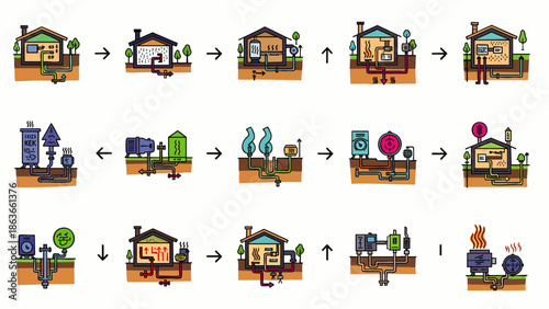 Detailed infographic showcasing diverse residential energy solutions, including solar, geothermal, and wind power, highlighting sustainable home utility systems.