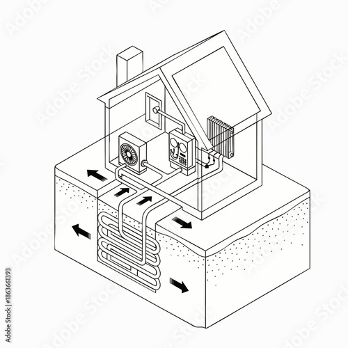 Isometric diagram of a geothermal heat pump system for a residential house, illustrating sustainable heating and cooling technology for energy efficiency and renewable energy.