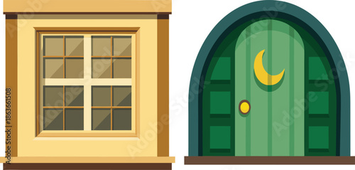 Illustration of a house window and green door with a crescent moon knocker
