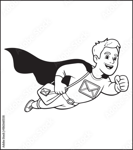 Postman working for delivery letter flying in sky black line art illustration vector elements for kids coloring page concept