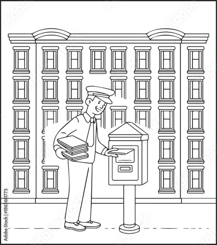 Postman working for delivery letter black line art illustration vector elements for kids coloring page concept