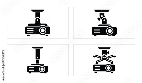 Set of projector ceiling mount. Projectors installation and entertainment systems, vector flat illustration.