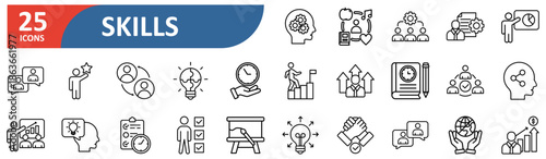 Skills line editable icon set. Contain icons related to, learning, expertise, ability, personality, leadership, creativity, improvement, communication, connection