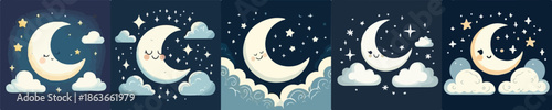 Night Sky Crescent Moon with Clouds and Stars Vector