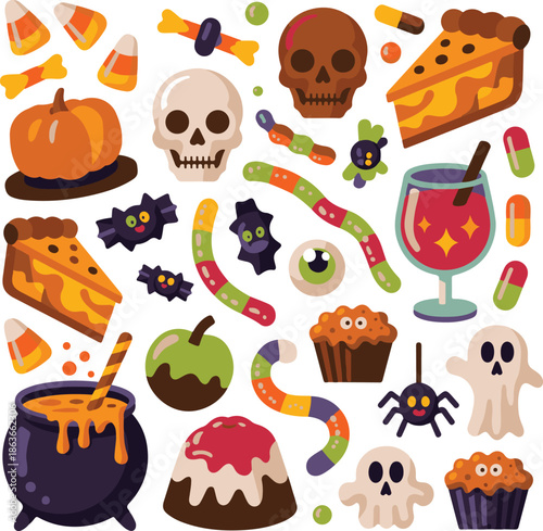 Halloween icons including skulls pumpkins food and candy on white background