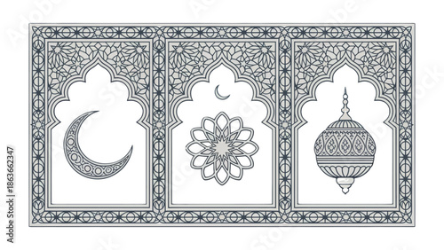 Islamic Inspired Ornament: A delicate silver ornament with intricate patterns of crescent moon, mandala, and lantern in frame style