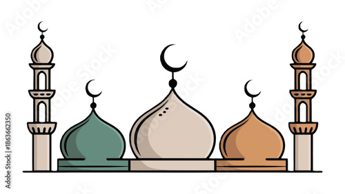 Mosque Illustration: A serene illustration presents a mosque, featuring a series of domes and minarets beneath a crescent moon.  