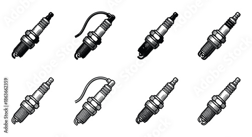 Set of spark plugs vector illustration. Car engine auto parts in black and white drawing style. Car element.