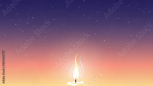Single lit candle with glowing flame against a gradient twilight sky with stars representing hope and peace