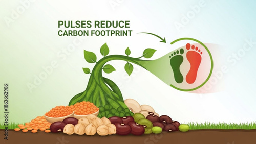 Pulses reduce carbon footprint concept illustration of legumes growing into footprint symbol for sustainability and eco-friendly agriculture