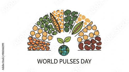 World Pulses Day illustration diverse legumes arranged in a semicircle with a globe sprout concept for healthy eating and agriculture isolated o